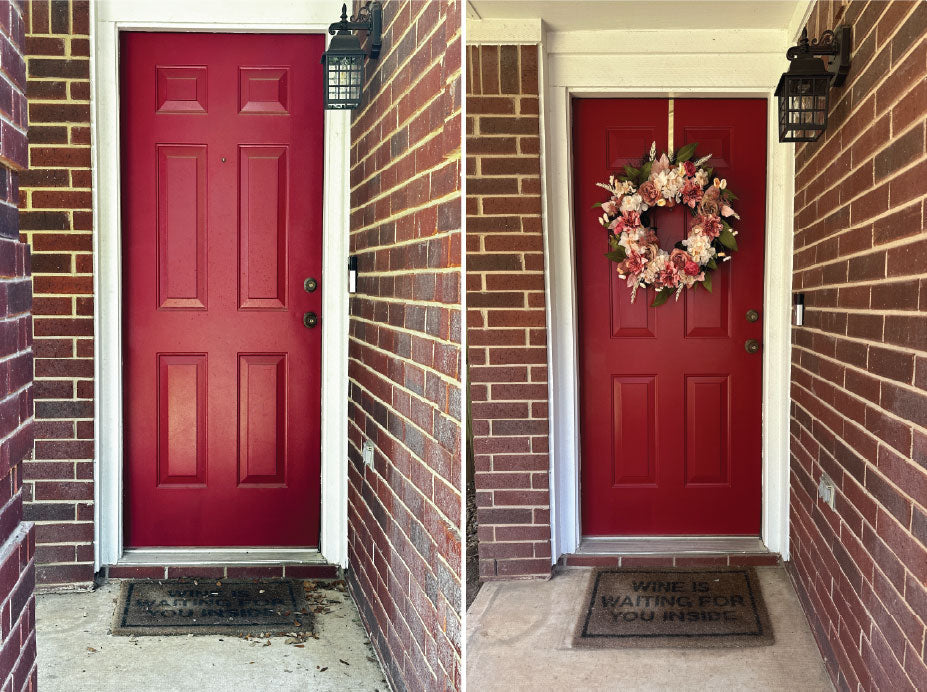 Side-by-side images of a red front door of a home.  The first door is dirty with leaves scattered across the stoop.  The second is of a clean door with no leaves on the stoop and a pink and rose colored wreath hanging from the top of the door.