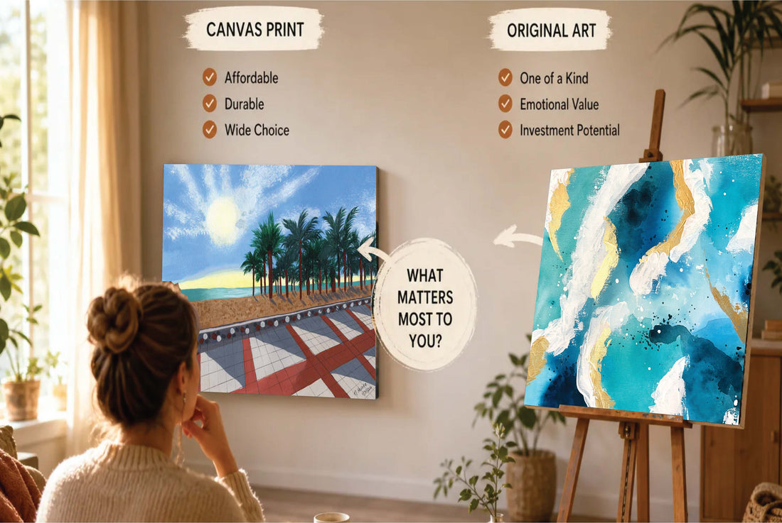Woman viewing 2 painting side by side trying to make a decision between the canvas print and original art.