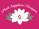 Logo of Pink Sapphire Designs containing a white magnolia with pink gemstone center and 3 silver leaves on each side. 