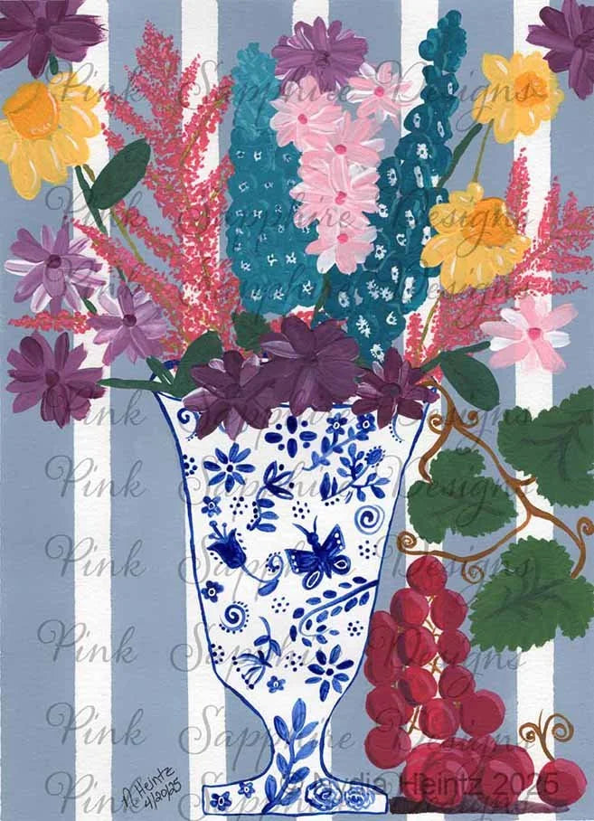 Decorative image of a blue and white vase with flowers and grapes on a striped background