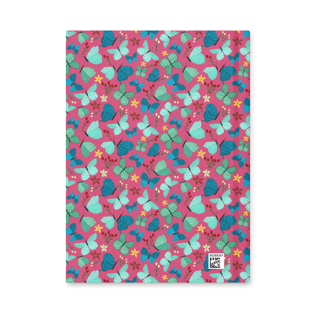 Back view of the red butterfly pattern hardcover journal with matte laminated cover