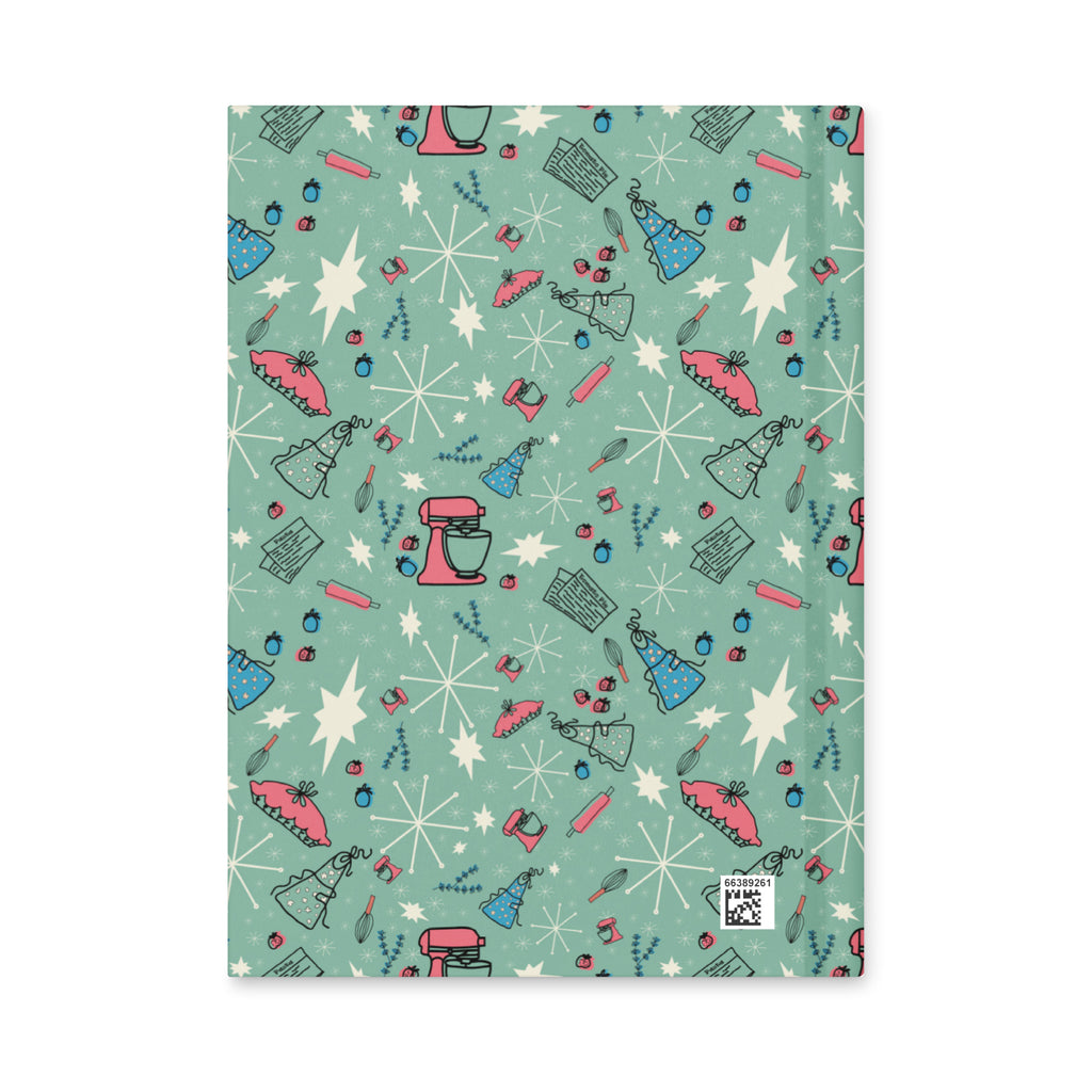 Back view of the mint-green retro kitchen pattern hardcover journal with matte laminated cover