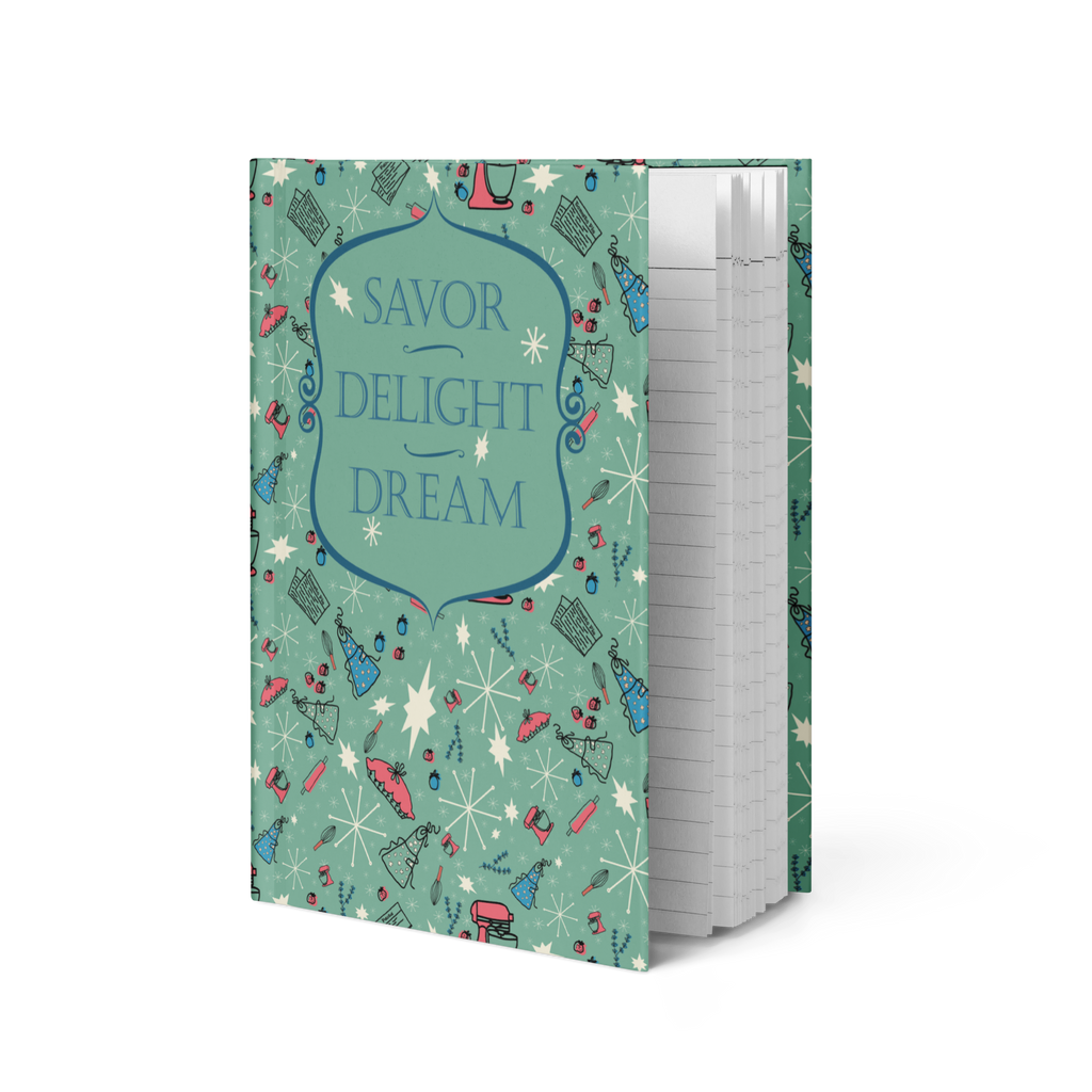 Savor, Delight, Dream hardcover journal with a mint-green retro kitchen pattern of aprons, whisks and pink stand mixers
