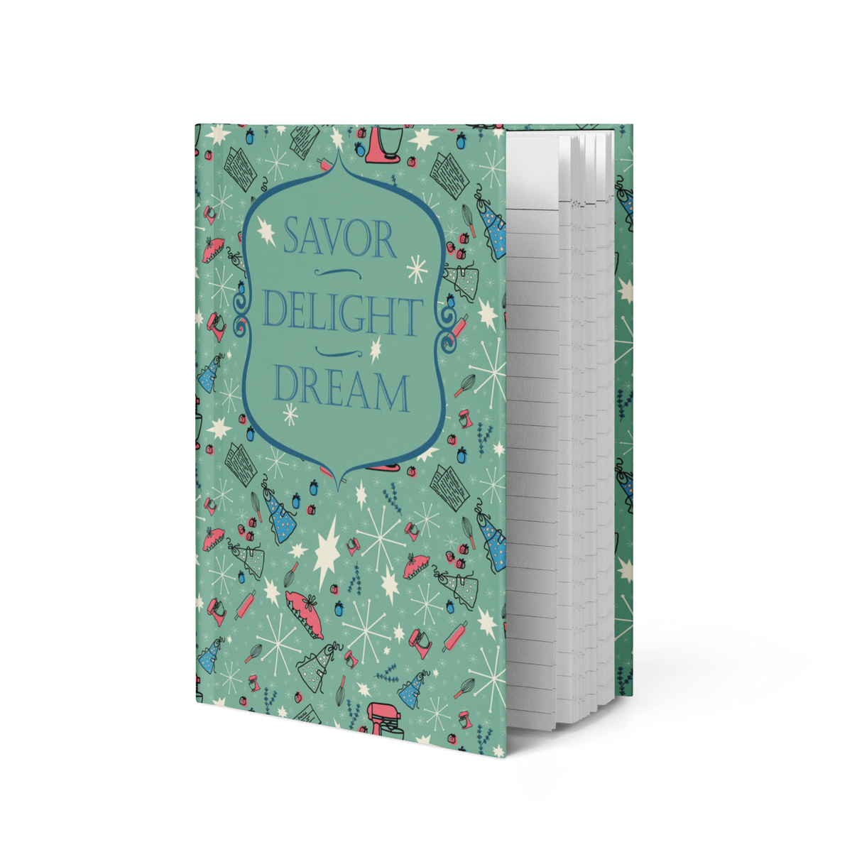 Savor, Delight, Dream hardcover journal with a mint-green retro kitchen pattern of aprons, whisks and pink stand mixers