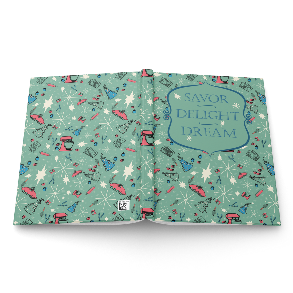 Mint-green retro kitchen pattern hardcover journal opened flat, showing the front and back covers