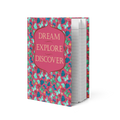 Open red Dream, Explore, Discover hardcover journal with a teal, green and navy butterfly pattern cover and lined pages