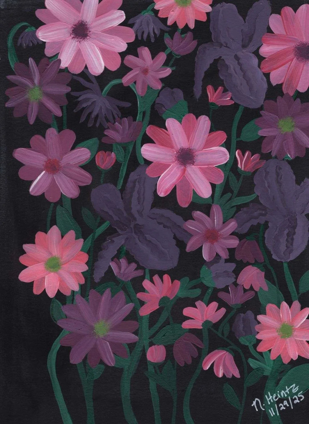 Colorful floral painting with pink and purple flowers on a black background.
