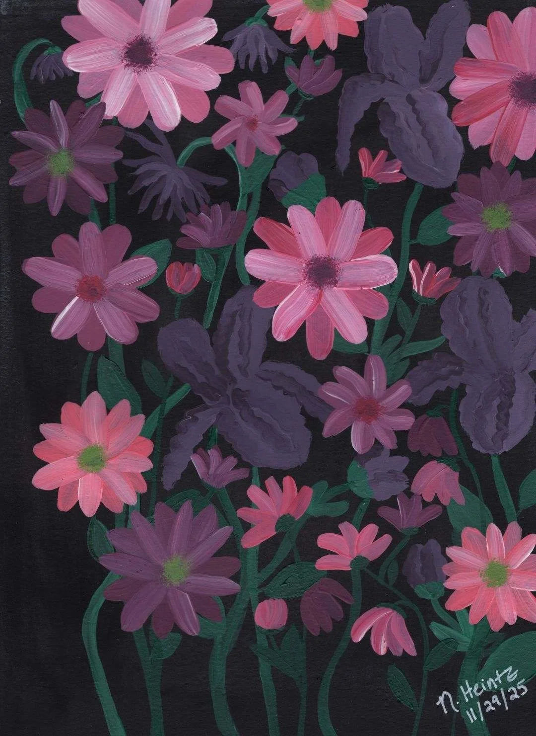 Colorful floral painting with pink and purple flowers on a black background.