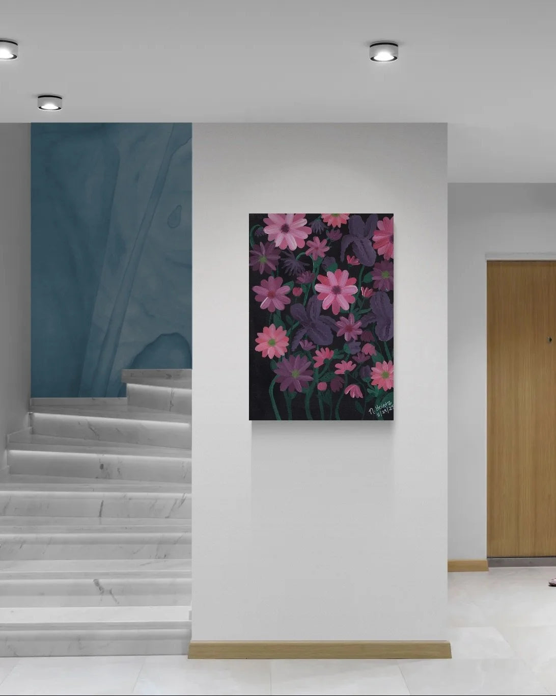 Modern interior with a purple and pink floral painting with a black background on a white wall, staircase, and wooden door.