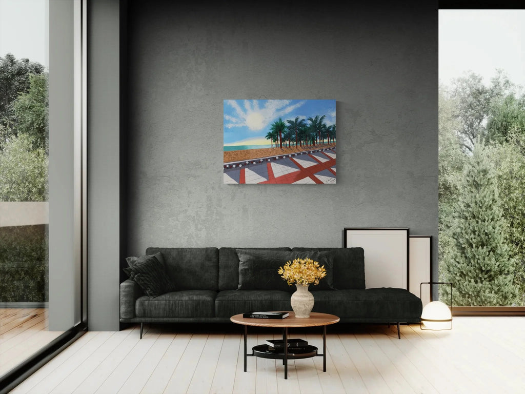 Living room with a gray sofa, coffee table, and decorative items against a gray wall with a colorful abstract painting.
